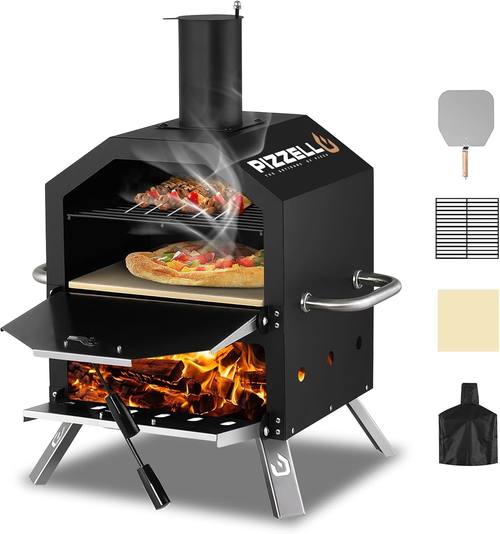 Pizzello Outdoor Pizza Oven Wood Fired 2-Layer Pizza Ovens Outside Pizza Maker with Stone, Pizza Peel, Cover,Removable Cooking Rack for Camping Backyard BBQ (Black)