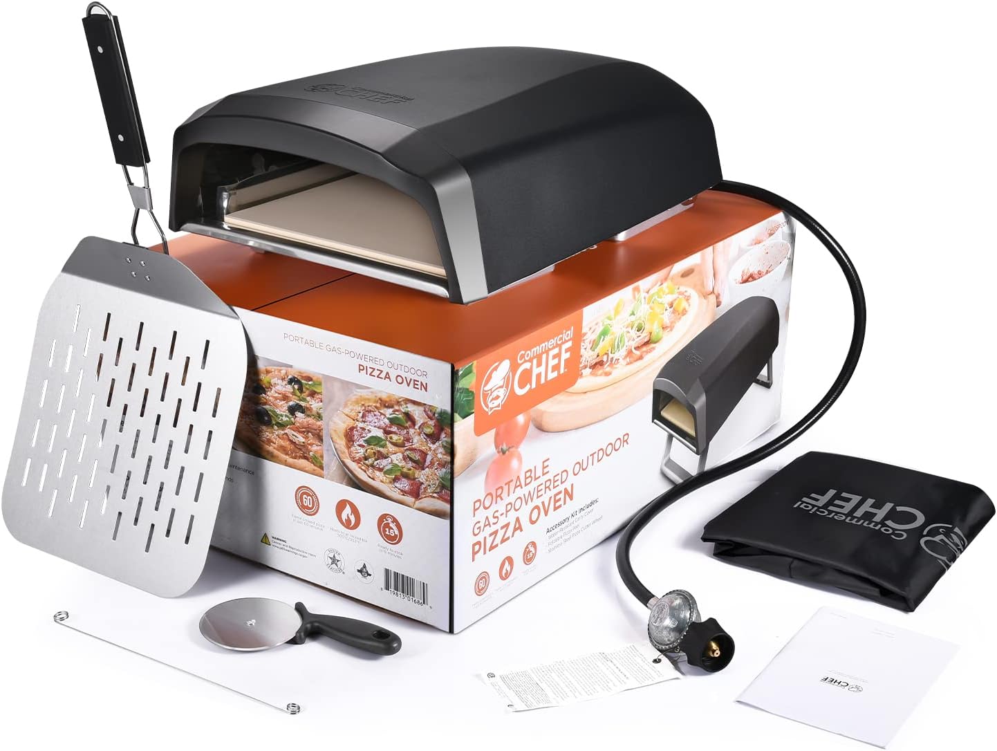 Commercial Chef Outdoor Gas Pizza Oven, Portable Propane Pizza Maker with Door, Peel, Stone, Cutter, and Cover - L-Shaped Burner, Foldable Legs