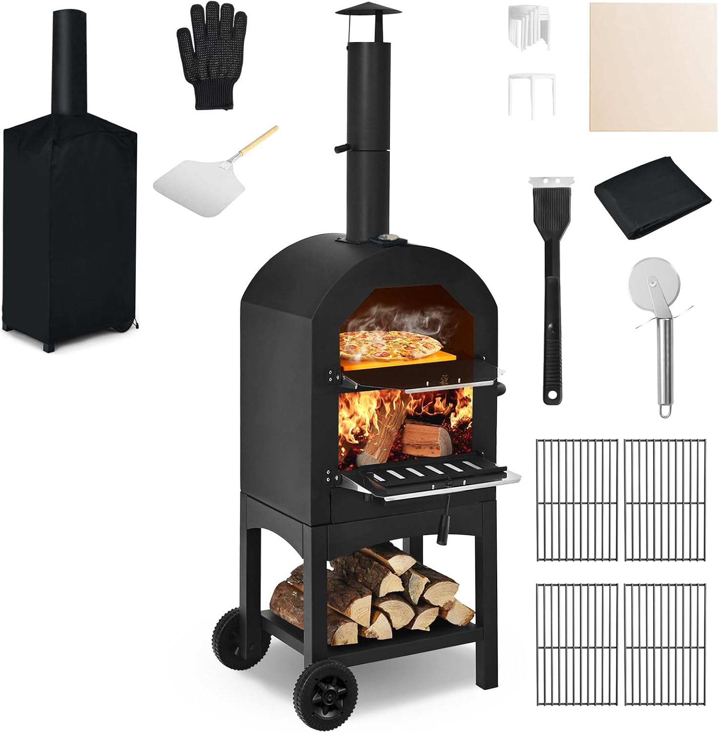COSTWAY Outdoor Pizza Oven, Wood Fired Pizza Oven for Outside