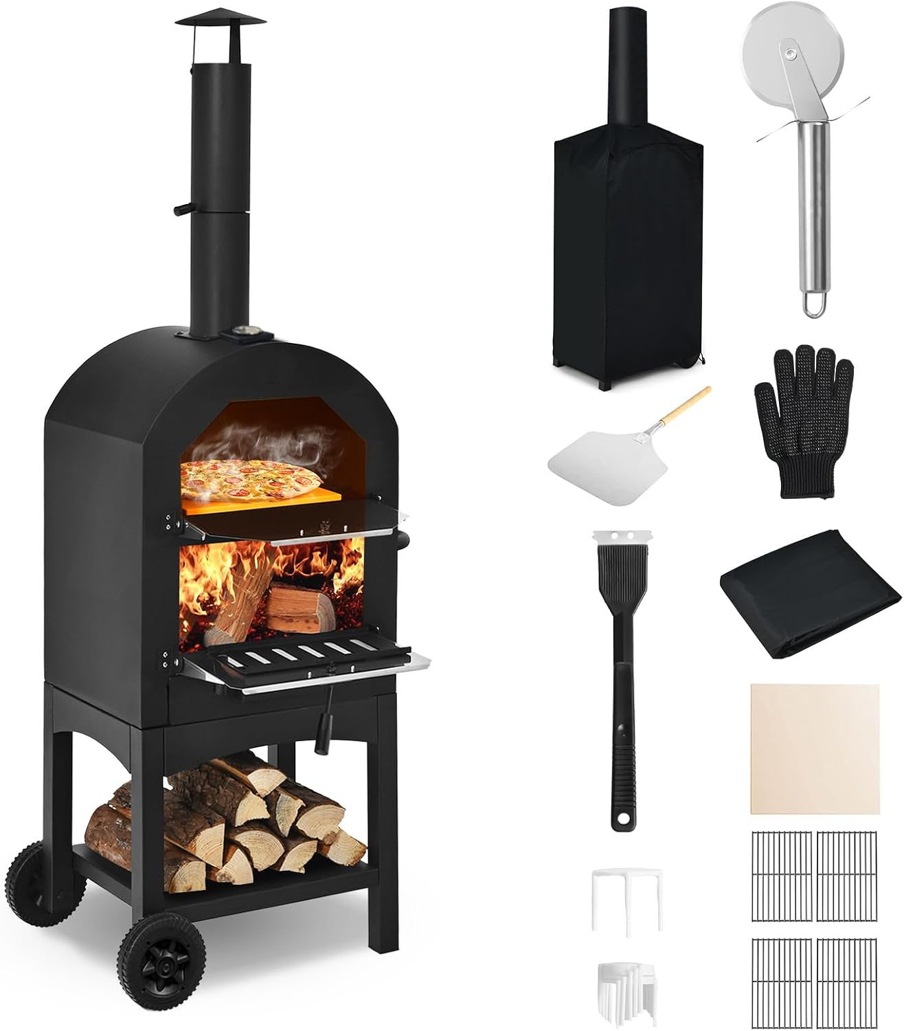 Happygrill Outdoor Pizza Oven Wood Fired with Wheels & Built-in Thermometer