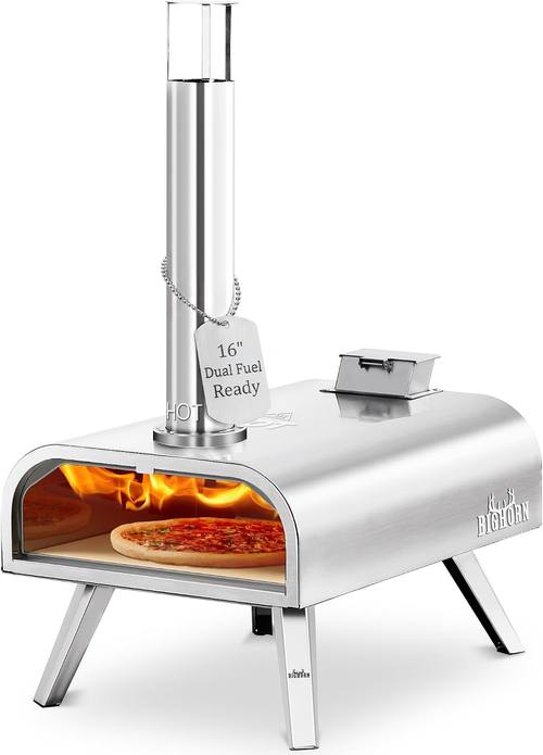 BIG HORN OUTDOORS 16" Multi-Fuel Outdoor Pizza Oven, 2-in-1 Wood-Fired & Gas Compatible (Burners Sold Separately), 1112°F Outdoor Stainless Pizza Cooker, Portable for Party Usage, Sliver