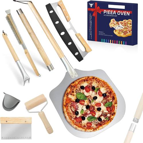 7PCS Pizza Oven Accessories Kit | Pizza Peel, Oven Brush, Bubble Popper Turner, Rocker Cutter, Dough Roller & Scraper